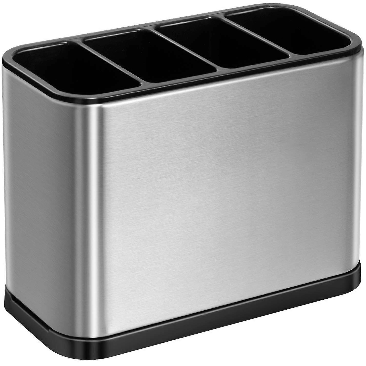 Stainless Steel Utensil Holder with Drip Tray, 4 Compartment Rustproof Flatware Organizer for Countertop