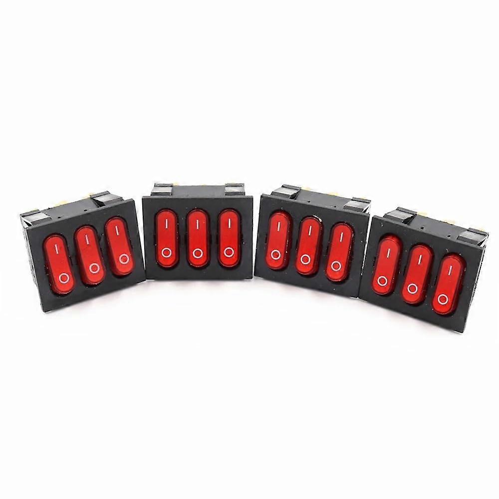 4Pcs 12V KCD4 Triple Rocker Switch with Red LED Light, 2Gear Boat Control Panel 15A