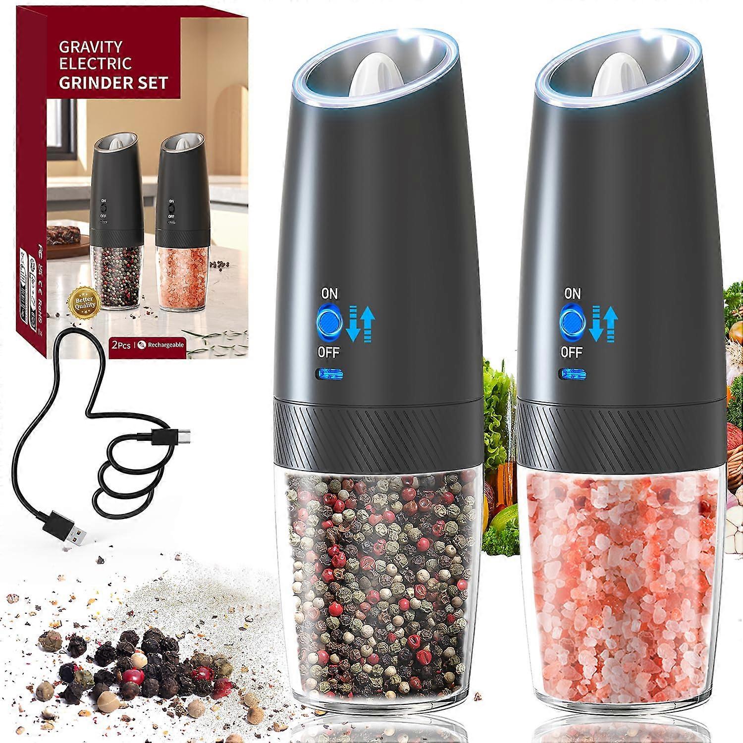 Rechargeable Electric Salt and Pepper Grinder Set with Gravity Sensor, LED Light, Adjustable Coarseness, 2 Pack Black