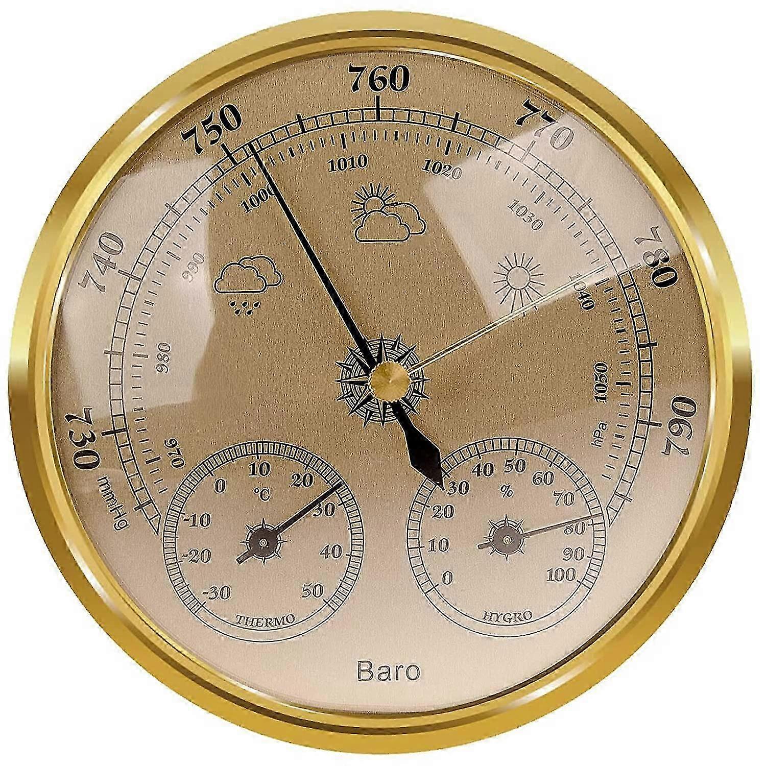 Analog väderstation-barometer, termometer, hygrometer (guld, 128mm)