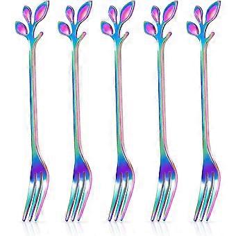 Rainbow Stainless Steel Dessert Forks, 4.7-inch Fruit Leaf Forks, Pack of 5