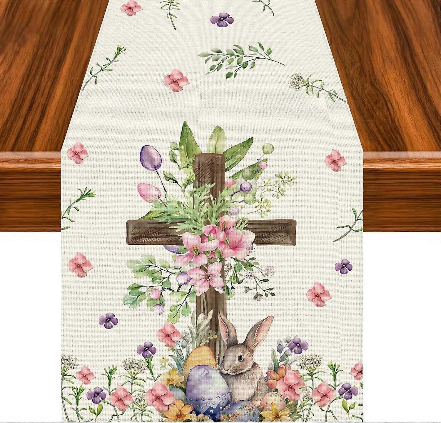 33 x 183 cm 1 piece Easter Table Runner, Rabbit Table Runner, Multicolored with Spring Flower Easter Egg Rabbit, Table Decorations for Easter and Spri