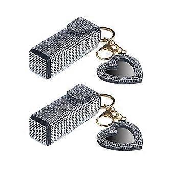 2PCS Rhinestone Lipstick Holder with Mirror, Compact Keychain Case for Women, White Diamond Decor