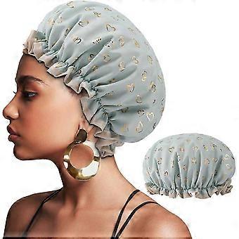 Bonnet de douche double épaisseur pour femme - Imperméable et élastique réutilisable - Bords volantés couvrant les oreilles, motif cœur vert