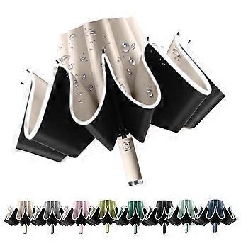LED Reverse Folding Umbrella for Rain and Sun, Windproof Inverted Travel Umbrella with Reflective Stripe and Auto Open Close Beige