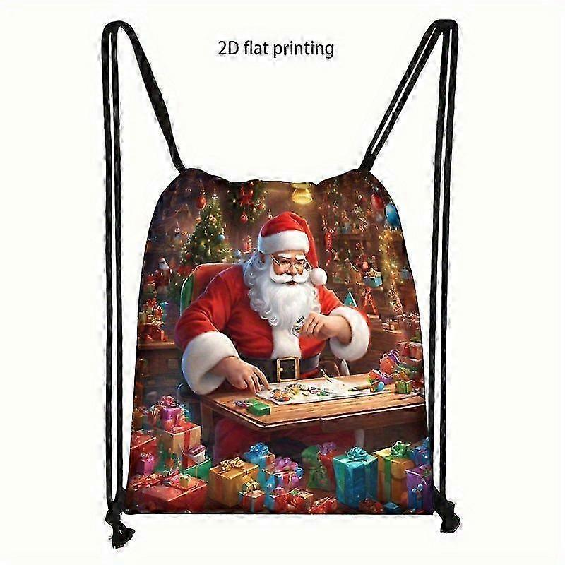 1pc 2D Flat Printing Festive Santa's Workshop Drawstring Backpack Pouch, Christmas Gift Boxes, Pull the Strings to Close-Pqasd
