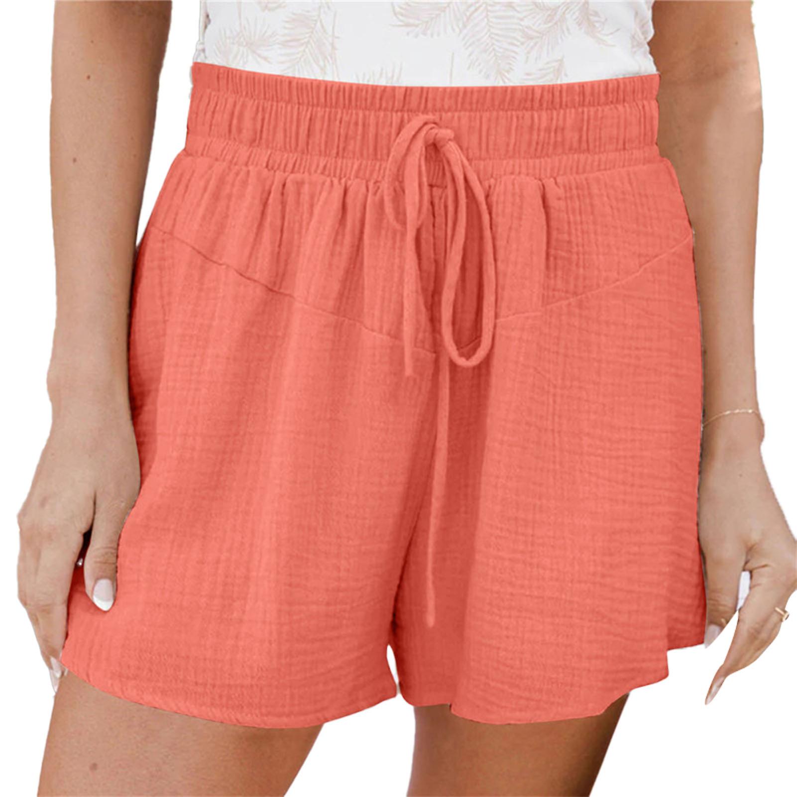 Women Wide Leg Shorts Drawstring Elastic High Waist Pure Color Breathable Summer Shorts