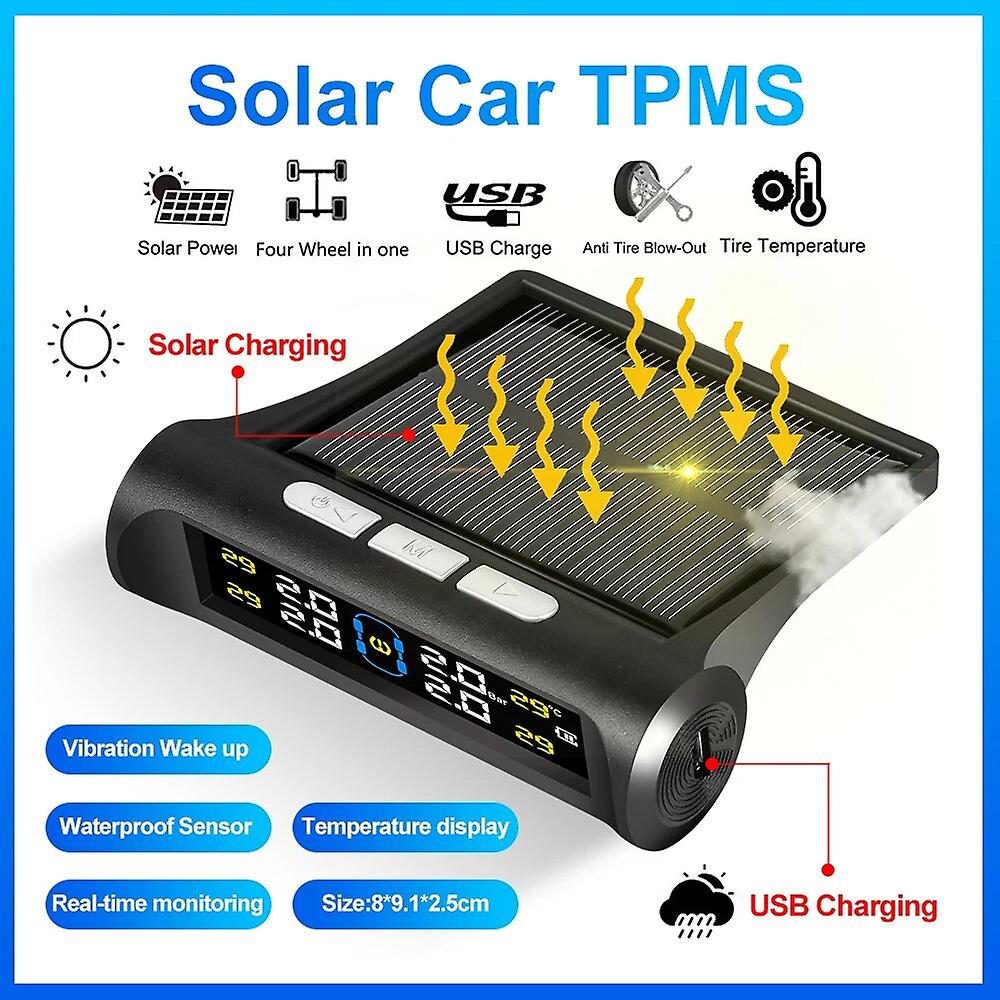 Electronic Car Tyre Pressure Monitoring System Solar Power Digital Tpms Display Auto Tyre Pressure Security Alarm Device