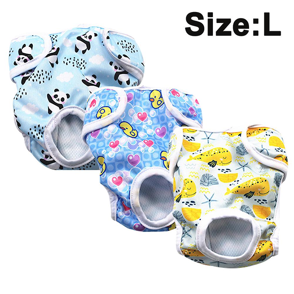 Packung mit 3 wiederverwendbaren waschbaren Hundewindeln - kleiner Panda-Print + kleiner gelber Enten-Print + kleiner Haifisch-Print Größe L