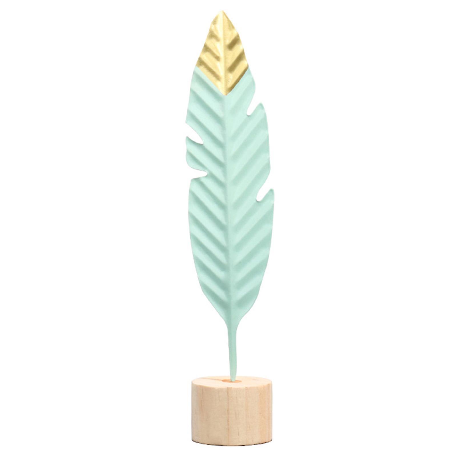 Metal Feather Ornaments Wood Base Home Modern Desktop Shelf Decoration