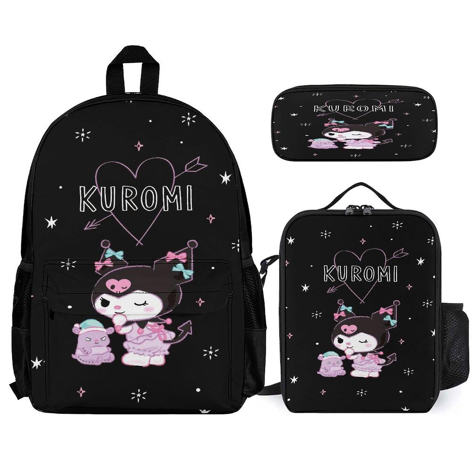 Kuromi حقيبة ظهر 3 قطع مجموعة حقيبة ظهر للكمبيوتر المحمول مع مقلمة حقيبة غداء مزيج