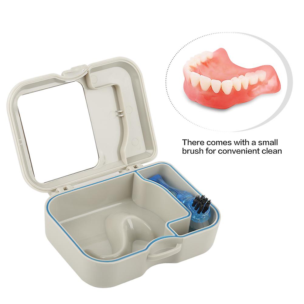 Denture Storage Box with Mirror and Cleaning Brush, Portable 148g