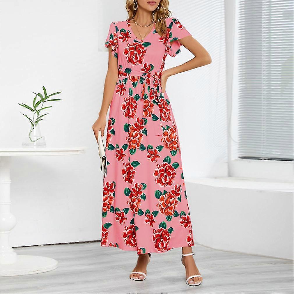 Femmes Été Manches Courtes V Col Maxi Lâche Robe Maxi Décontractée Robes longues