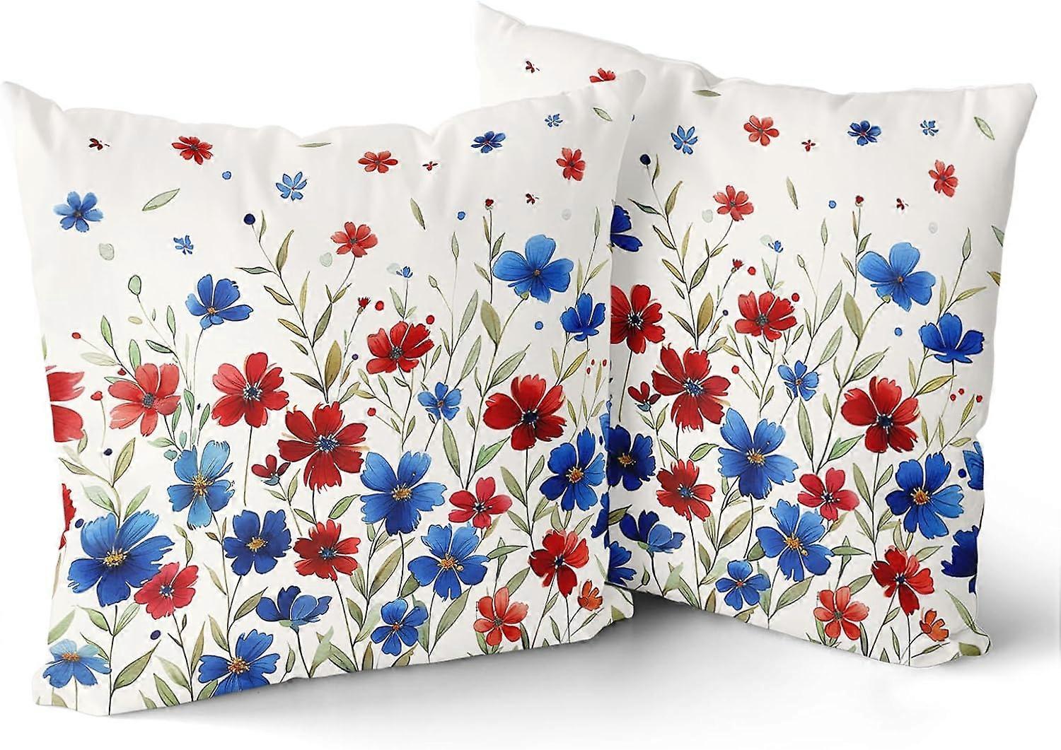 Red Blue Flowers Pillow Covers 20x20 Inch Set of 2,Summer Wildflowers Floral Leaves Throw Pillow Case 4th of July Decorative Square Couch Cushion Cove