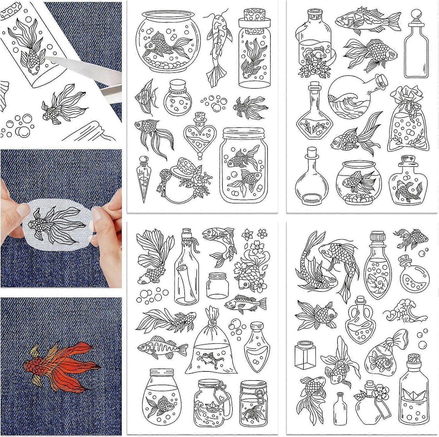 4 ark fisk i flaskstift och stygn Vattenlöslig stabilisator för broderi Lim Handsömnad stabilisatorer Non-woven tyger Hjälp Ritning Skiss