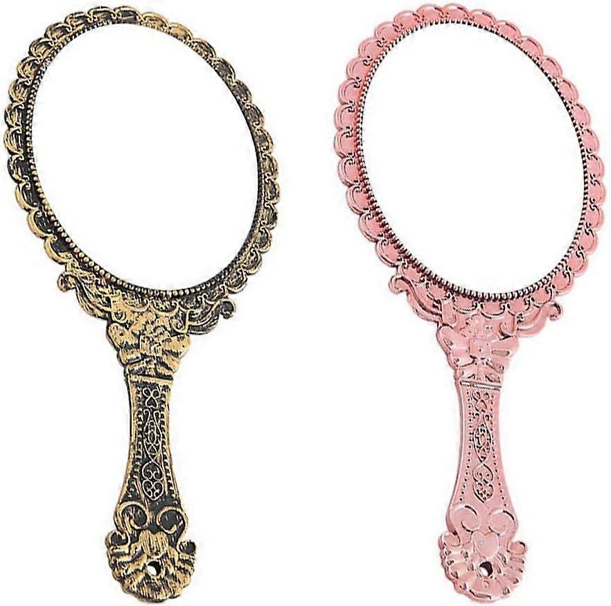 2 Pieces Retro Design Makeup Mirror Handle Pocket Mirror with Handle(Bronze, Rose Gold)