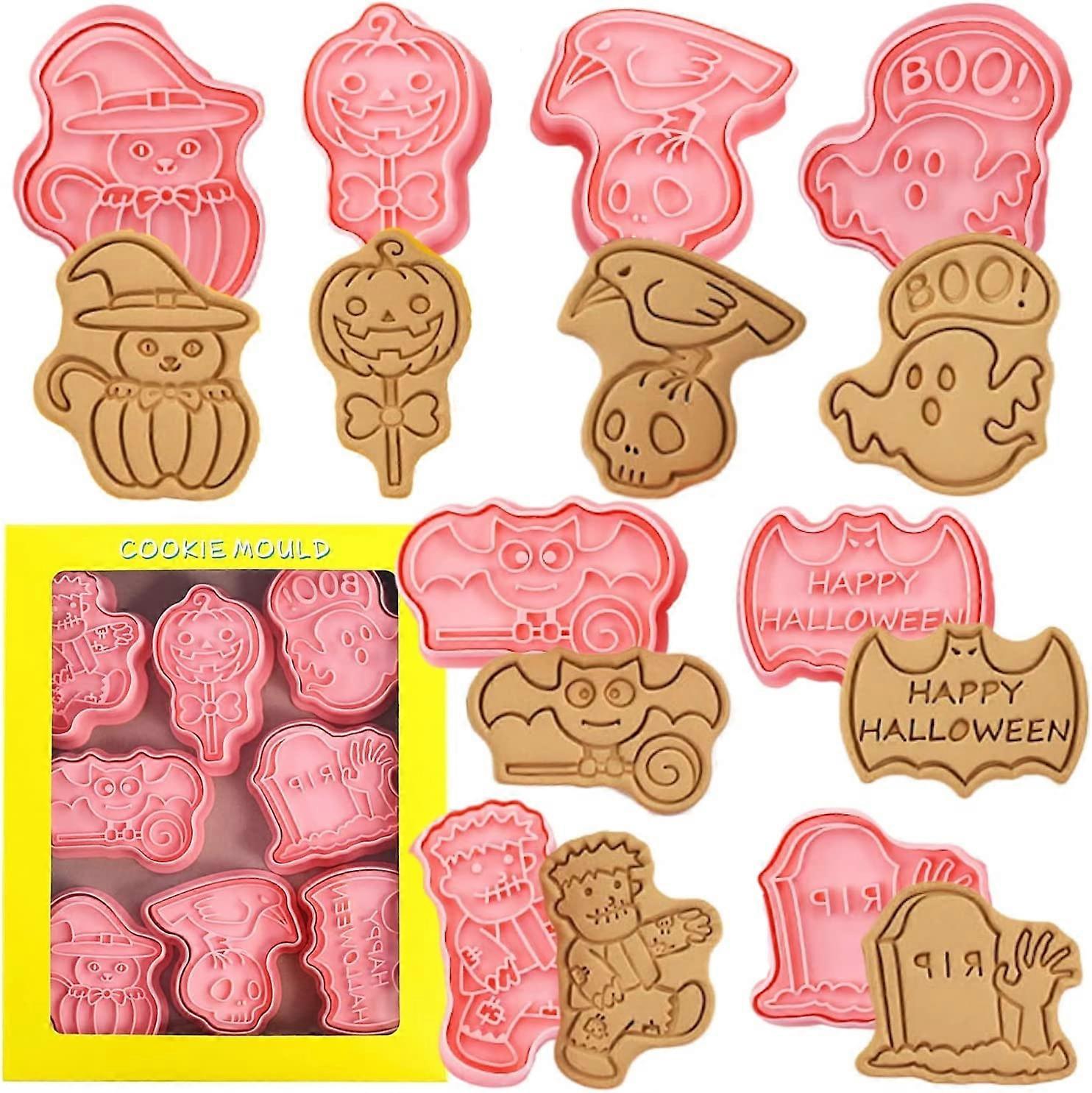 Halloween 3D Cookie Cutter Set - Bat, Ghost, Pumpkin, Skull, Embossing, for Kitchen, 8 Pcs