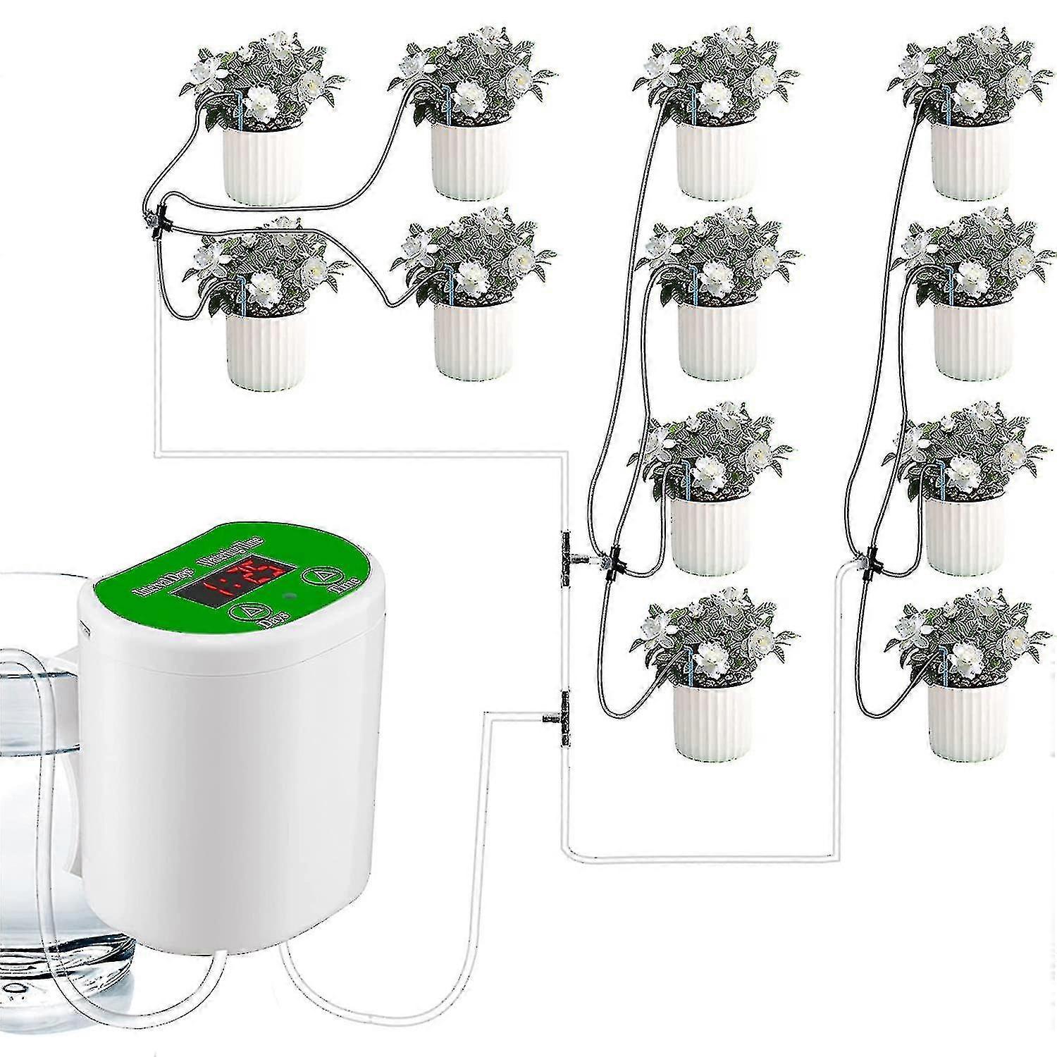 12pcs Plantas Interiores Kit de irrigação por gotejamento com sistema de rega automático, Display LED e USB Power Station