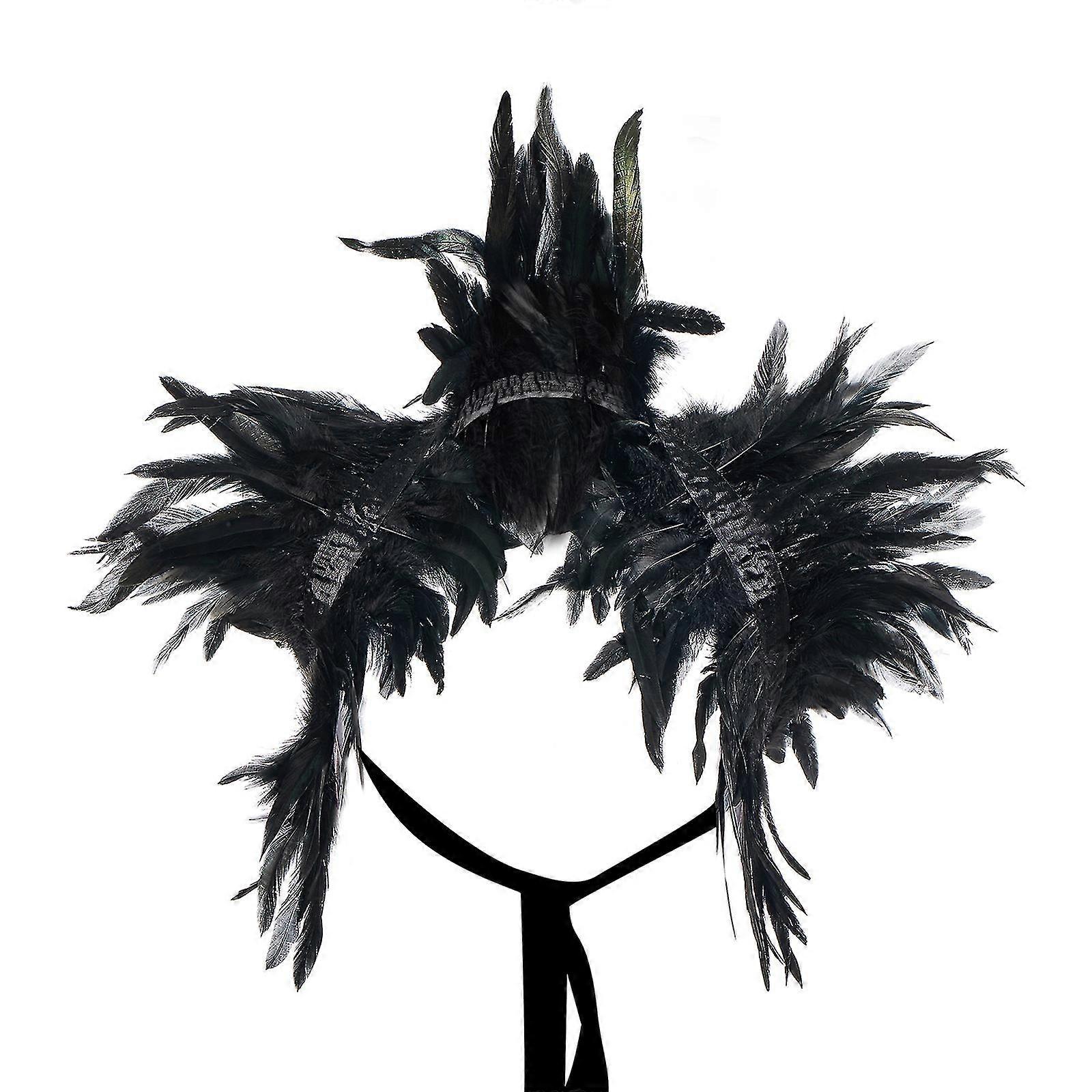 Black Gothic Feather Cape For Halloween Party, Shoulder Wrap Collar Shawl With Real Feathers And Velvet Ribbon