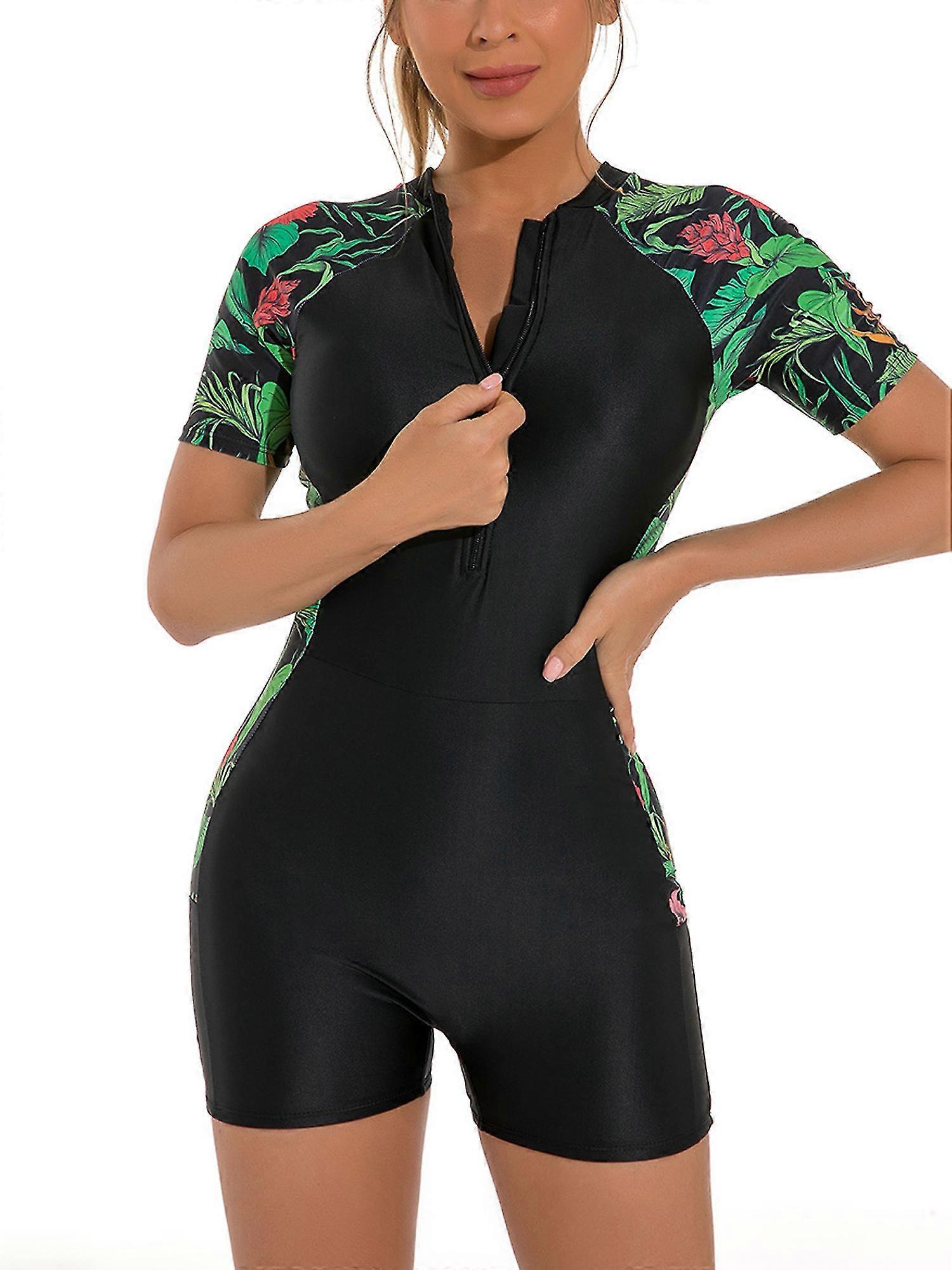 Femmes Manches Courtes Maillot de Bain Rash Guards Wetsuit Floral Print Zipper Surf Plongée Natation Jumpsuit Maillot de bain Maillot de bain