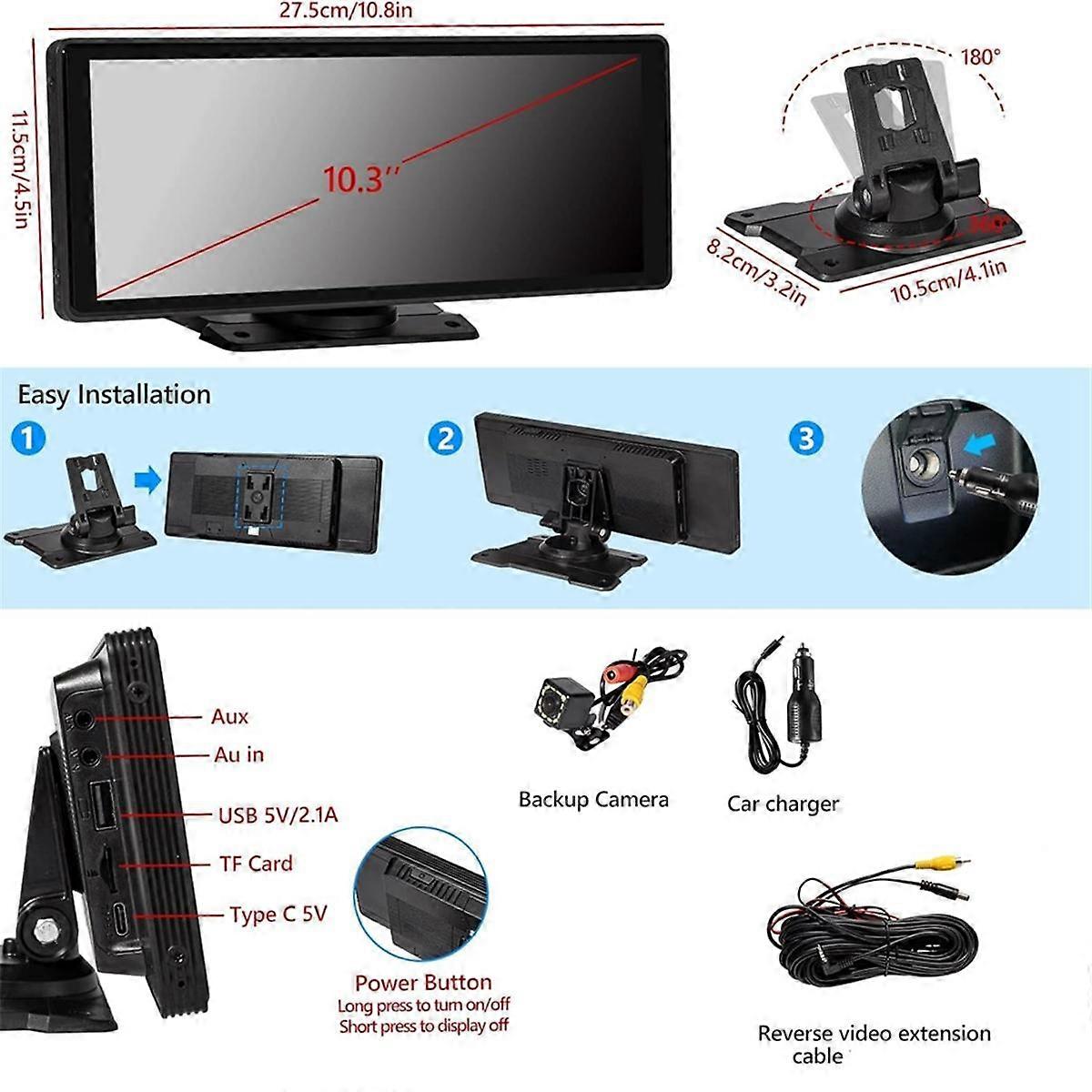 10.26 pouces sans fil Carplay et Android Auto Stéréo avec caméra de recul AHD, autoradio portable Bluetooth Mirror Link