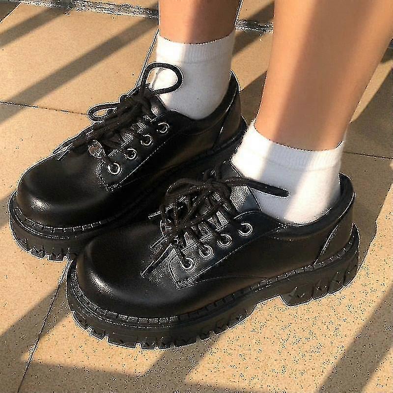 Kvinder Oxfords Forår Efterår Casual Platform Sko Sort SnøreBånd Lædersko