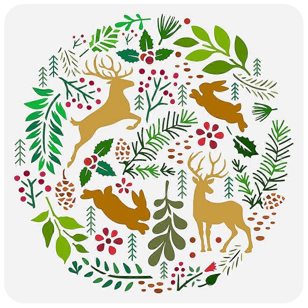 Christmas Forest Painting Stencil 11.8x11.8inch Reusable Deer Rabbit Stencil for Painting Large Round Christmas Forest Plants Flowers Leaves Drawing T