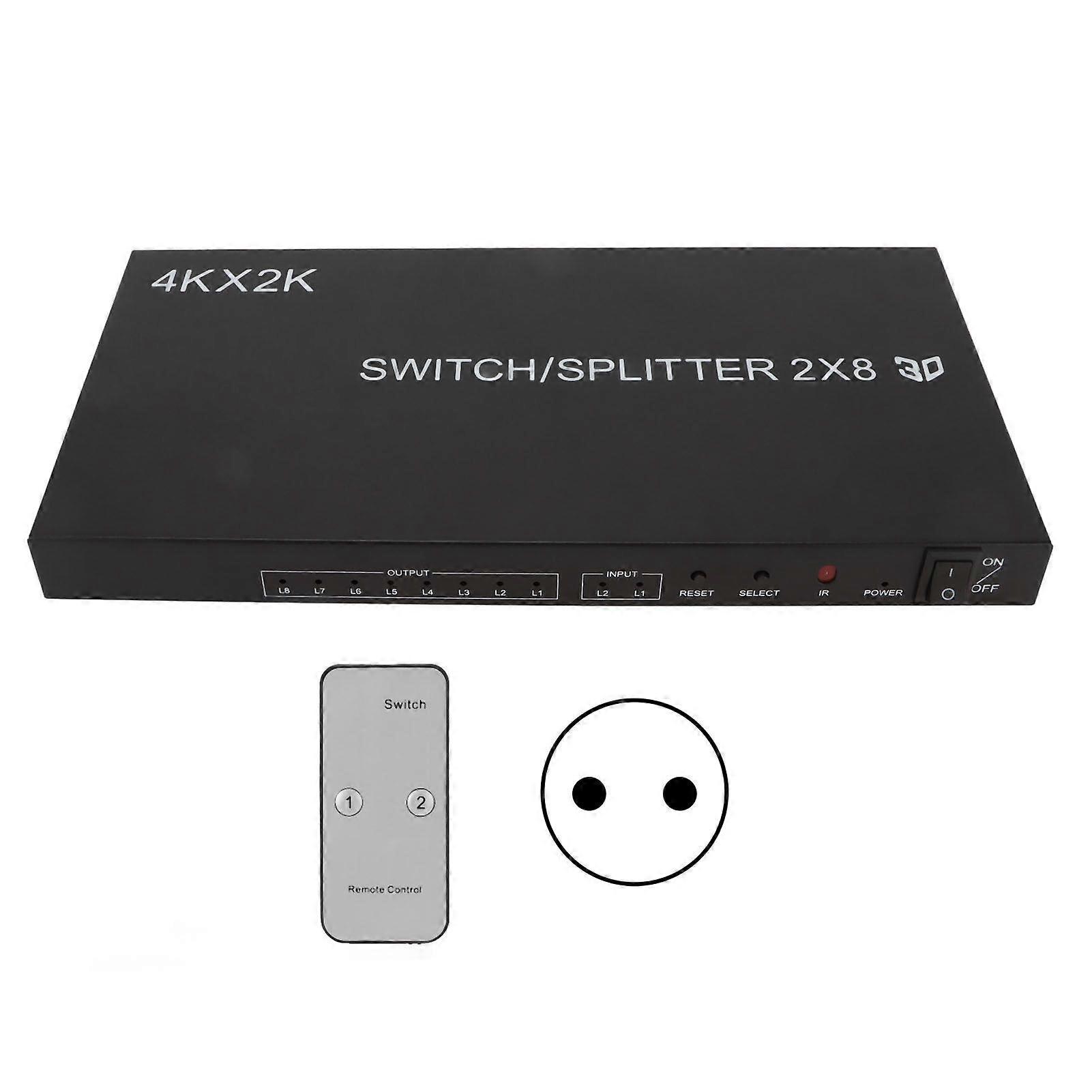 2x8 HD Multimedia Interface Switch 4Kx2K 2 in 8 Out HD Multimedia Interface Distributor with IR Remote Control EU Plug
