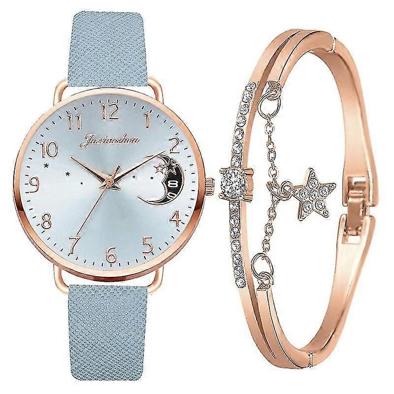 Ladies Moon Pattern Dial Pu Strap Quartz Watch, Color: Tianlan+bracelet Tianlan+bracelet