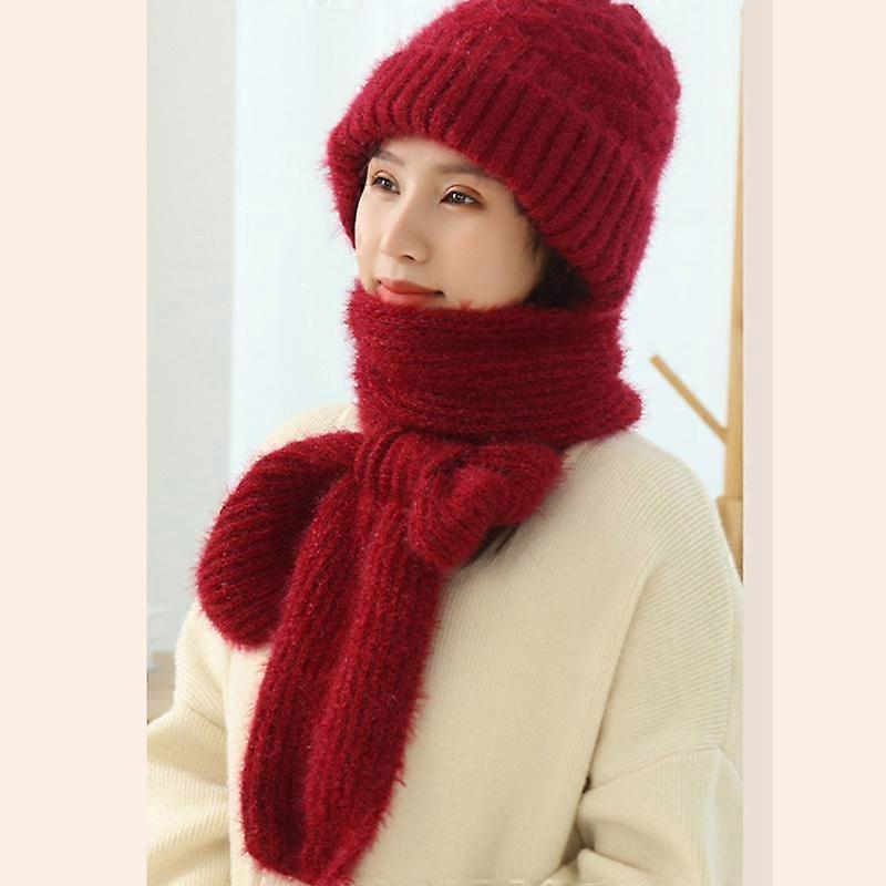 Women Windproof Hat Scarf Set Solid Color Beanie Caps Woolen Hat Fleece Lined Knitted Winter Plush