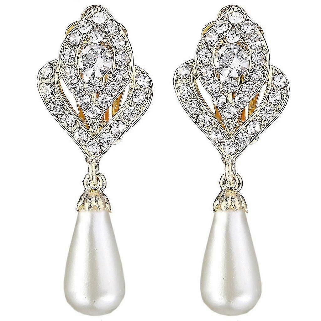 Gold Mock Pearl Bud Clip On Drop Earrings Through