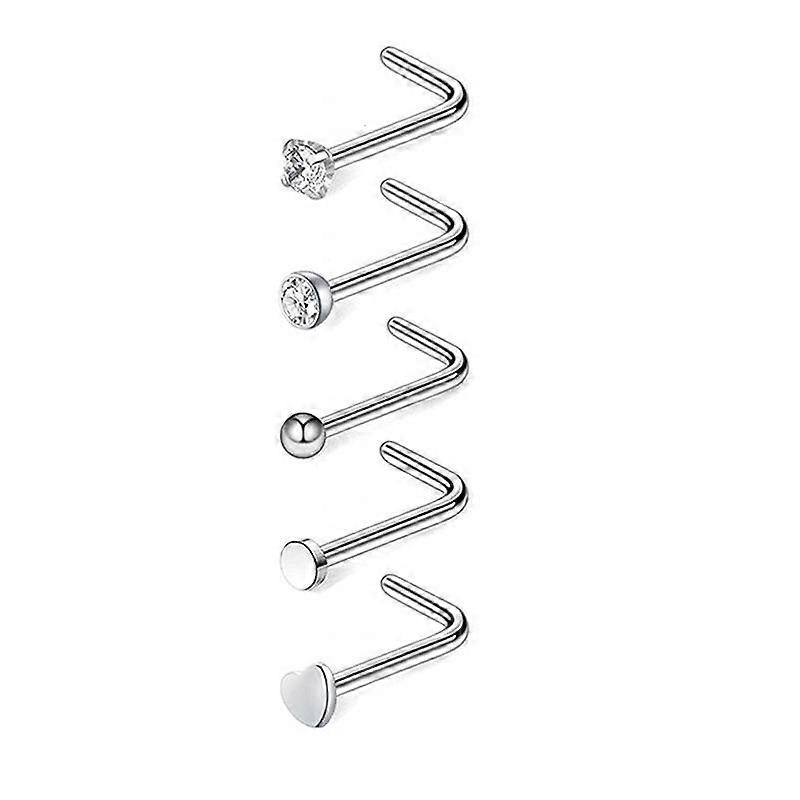 5Pcs/21Pcs Set Nose Piercing Ring Nose Nails Piercing Crystal Nose Stud Pack 20G L Shape Nose Rings Set Heart Nostril Cruve L Shape