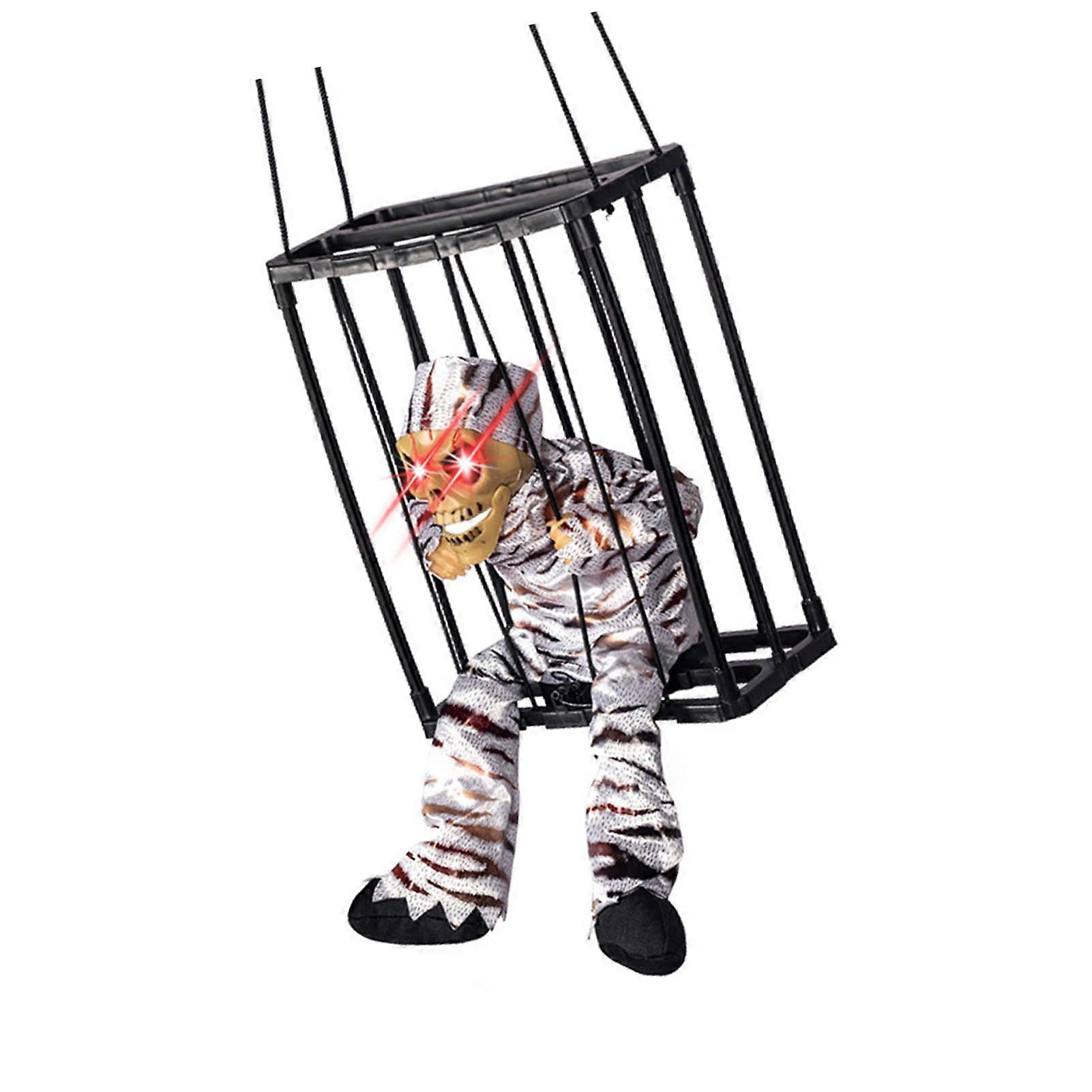Scary Hanging Ghost Prop with Motion Sensor for All Hallow Day, Silver Open Eyes, Skull Cage Prisoner Haunted House Decor Z248