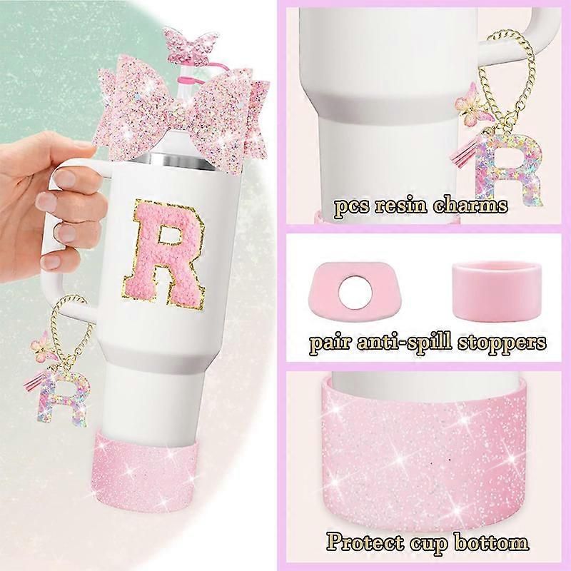 Set 6 Accessori Per Stanley Cup 30-40 Oz Con Maniglia - Copertura In Silicone, Tappo Antiperdite, Charm, Adesivi Iniziali (viola M)