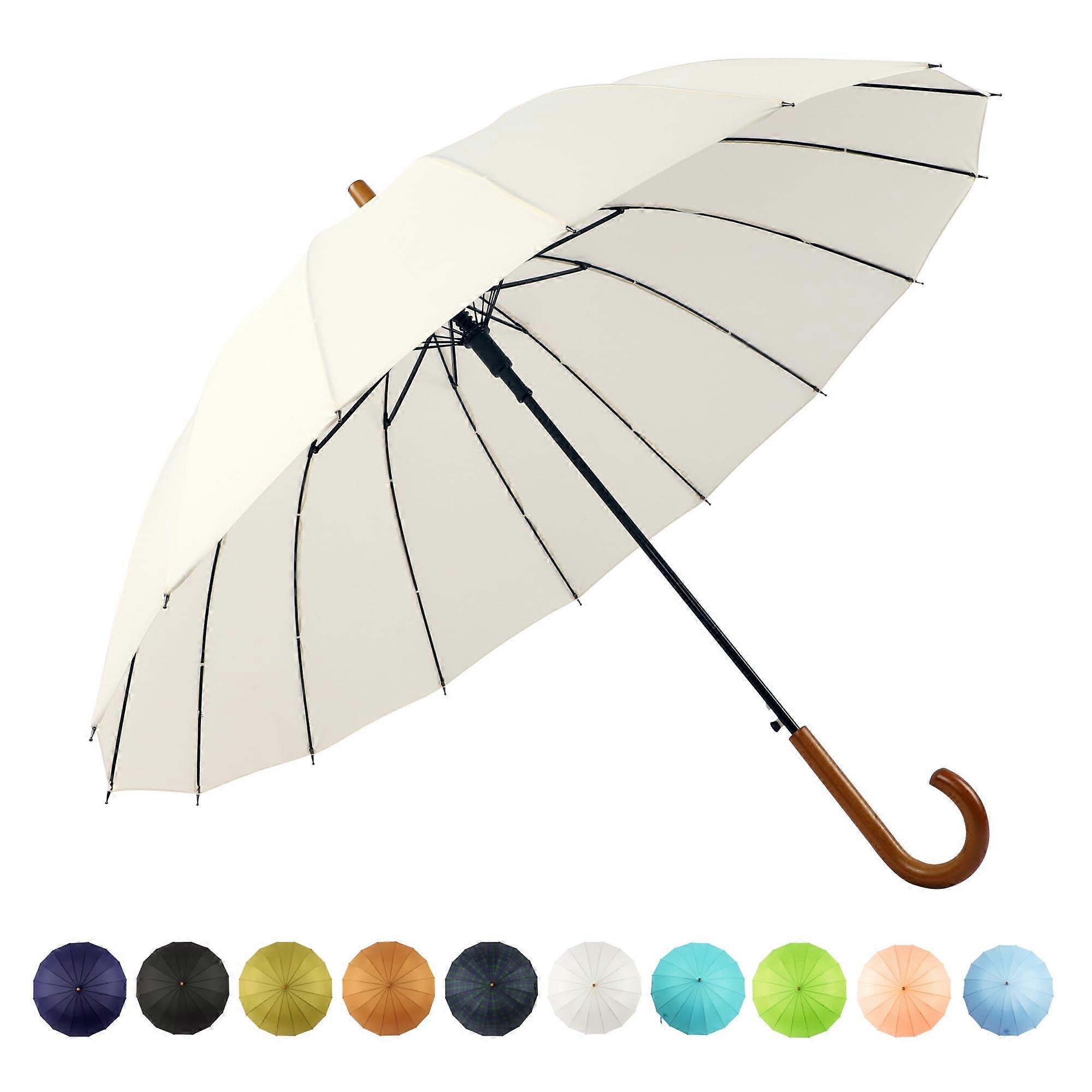 16 Ribs 48 Inch Umbrella Automatic Open Solid Color Windproof Classic Wooden Stem Stylish Arc Design