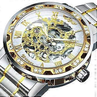Montre mécanique transparente à diamants pour homme, squelette en acier inoxydable bleu, montre de luxe, style business et tendance