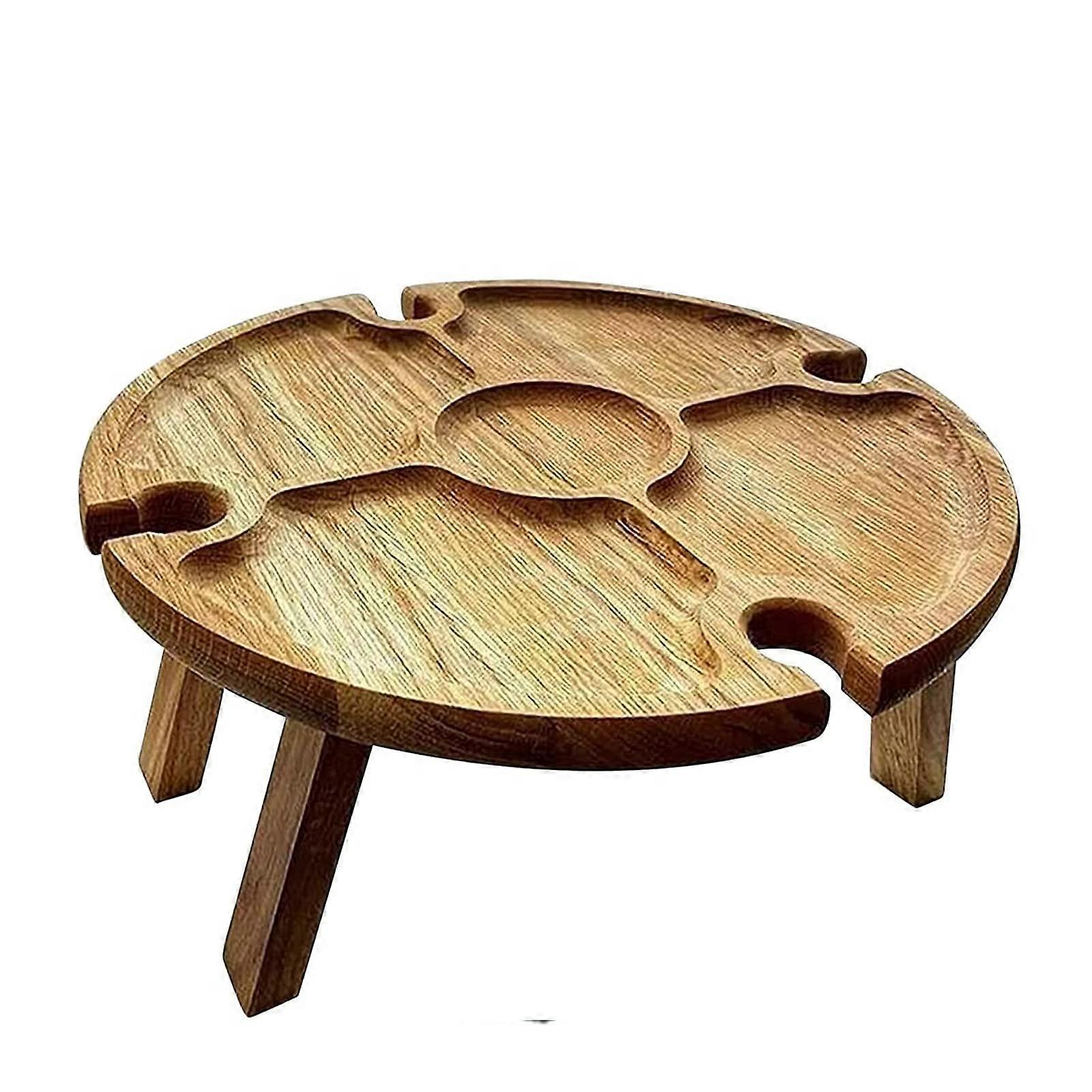 Wooden Outdoor Folding Picnic Table with Glass Holder Round Foldable Desk Glass Rack Collapsible Table