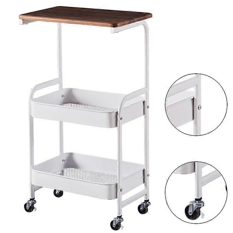 3 Tier Rolling Cart Storage Rack with Wheels Metal Cart Organizer with Wood Tabletop Metal Rack Storage Rack 12' D x 17' W x 31' H Black/White (White)