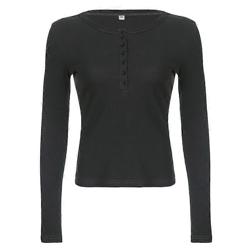 Slim Short T-shirt Women's Half-open Collar Single-breasted Long-sleeved Bottoming Top