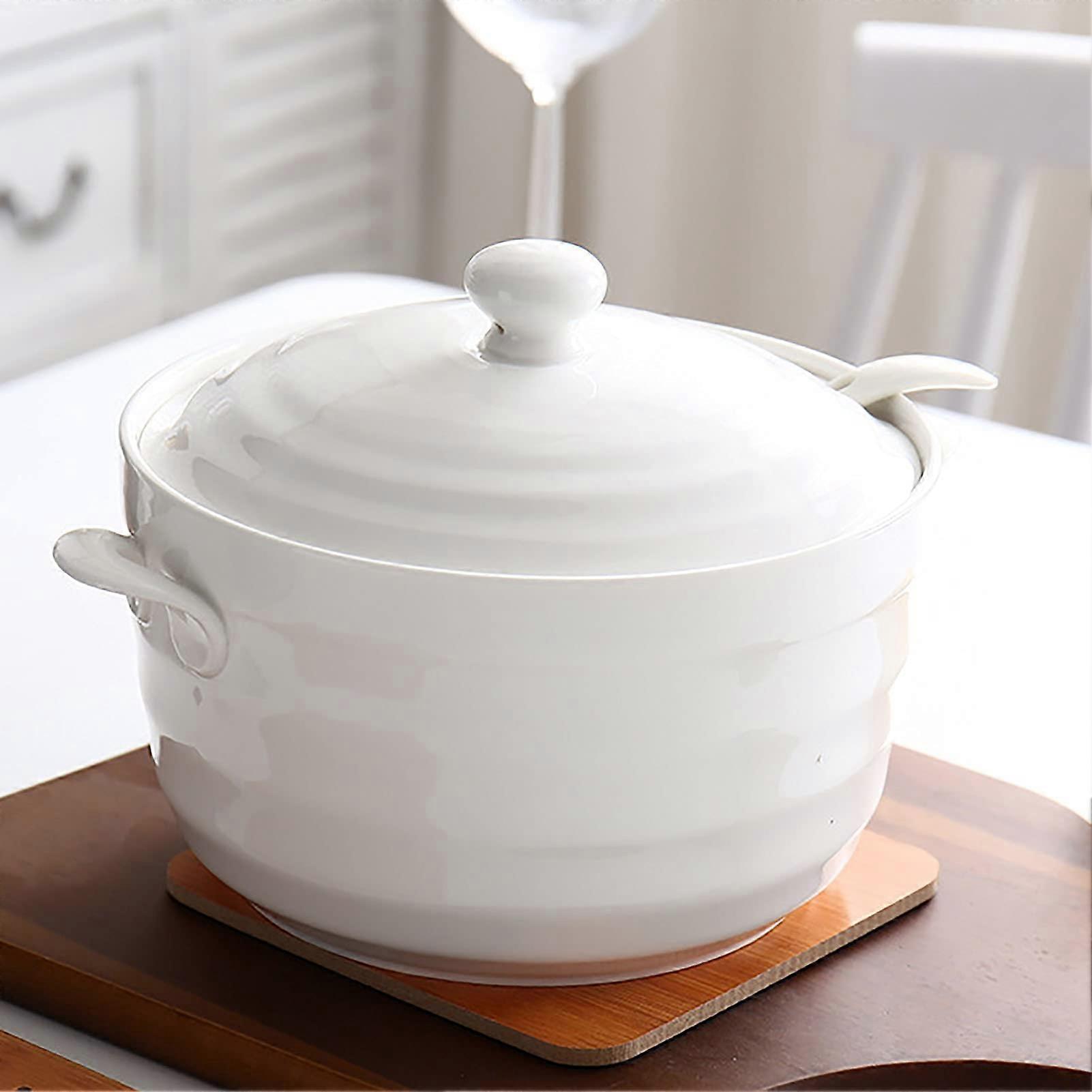 Soup Tureen with Lid 2200ml White Ceramic Double Handle 2200 ML with Spoon for Serving Hot Soups and Stews