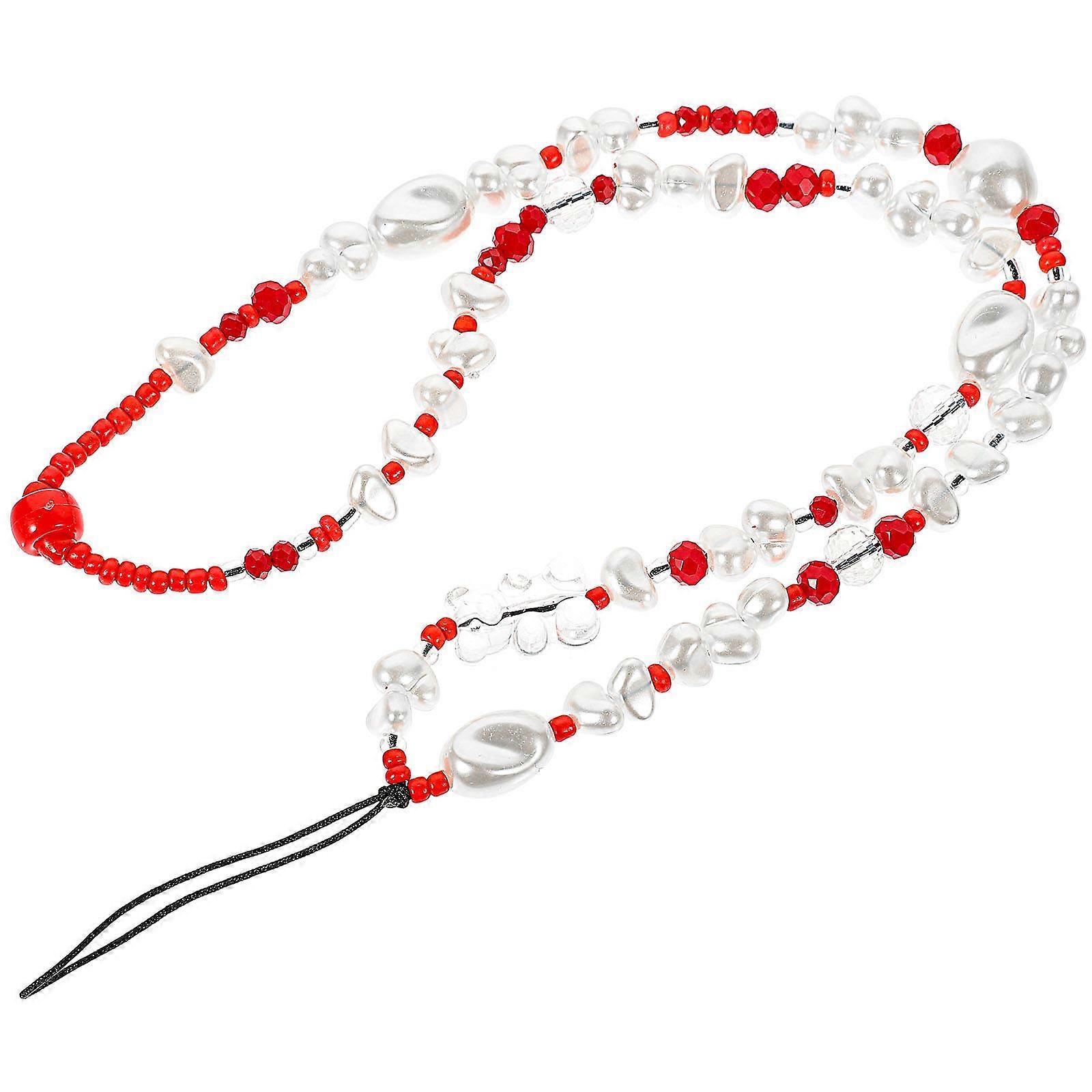 Beaded Phone Charm Strap Handmade Beaded Phone Hanging Lanyard Red 55x1.5cm Decorative Accessory 1Pcs