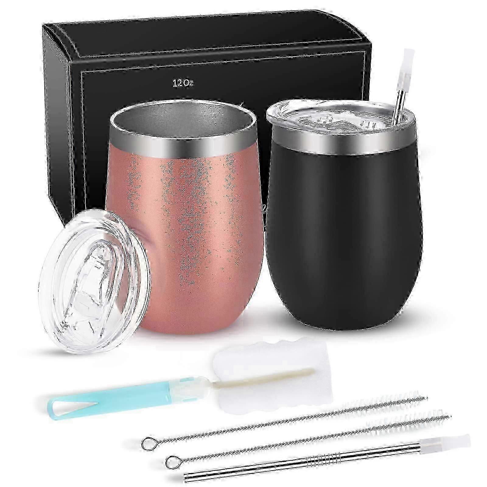 Set of 2 stainless steel stemless wine cups with lids