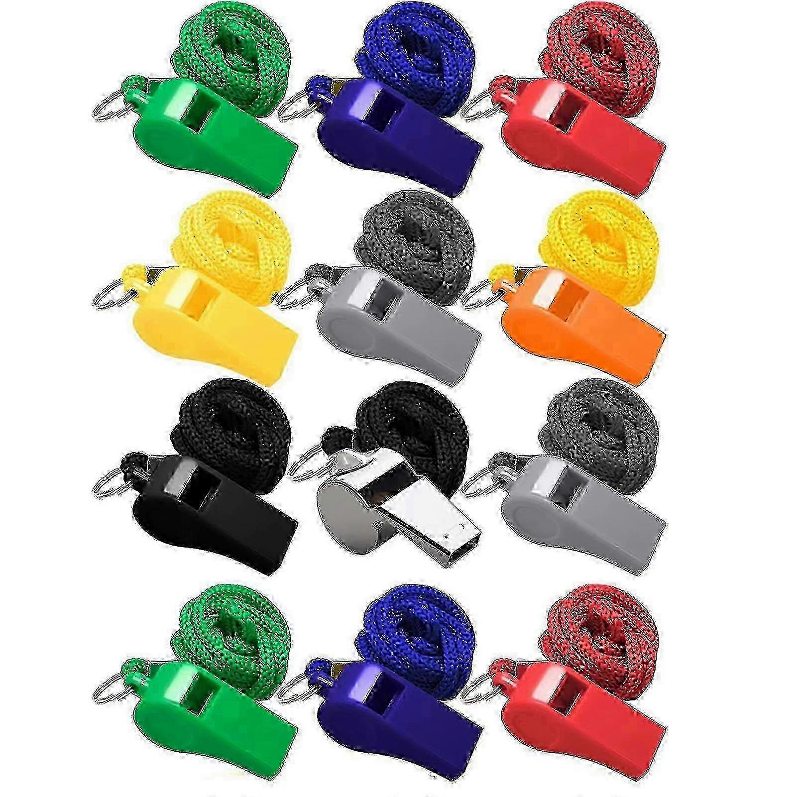 12Pcs Sifflets de sport colorés avec lanière - Sifflets d’arbitre aigus forts - Sifflets compacts portables à haut décibel