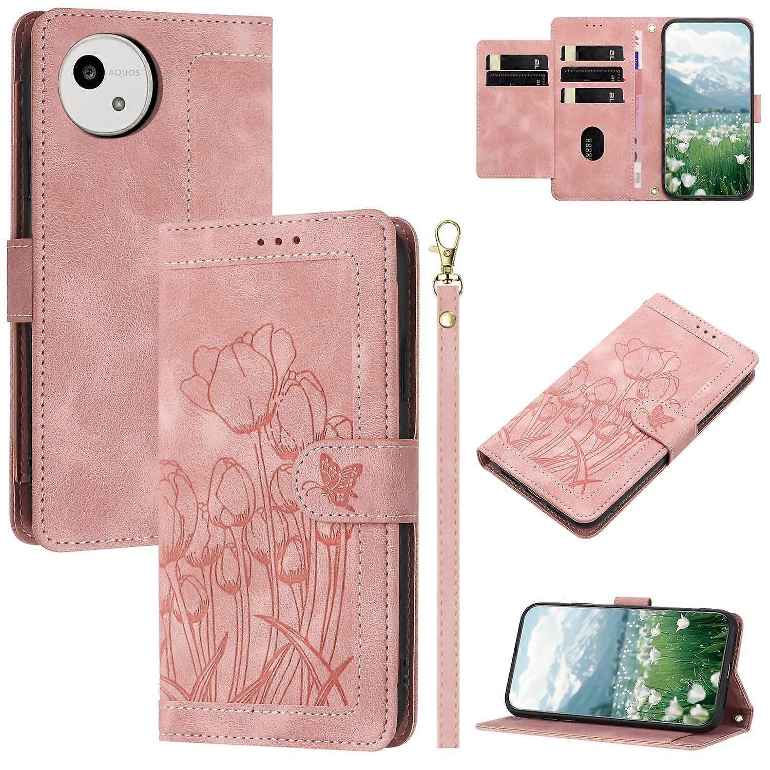 Tulips Embossed Leather Phone Case with Lanyard