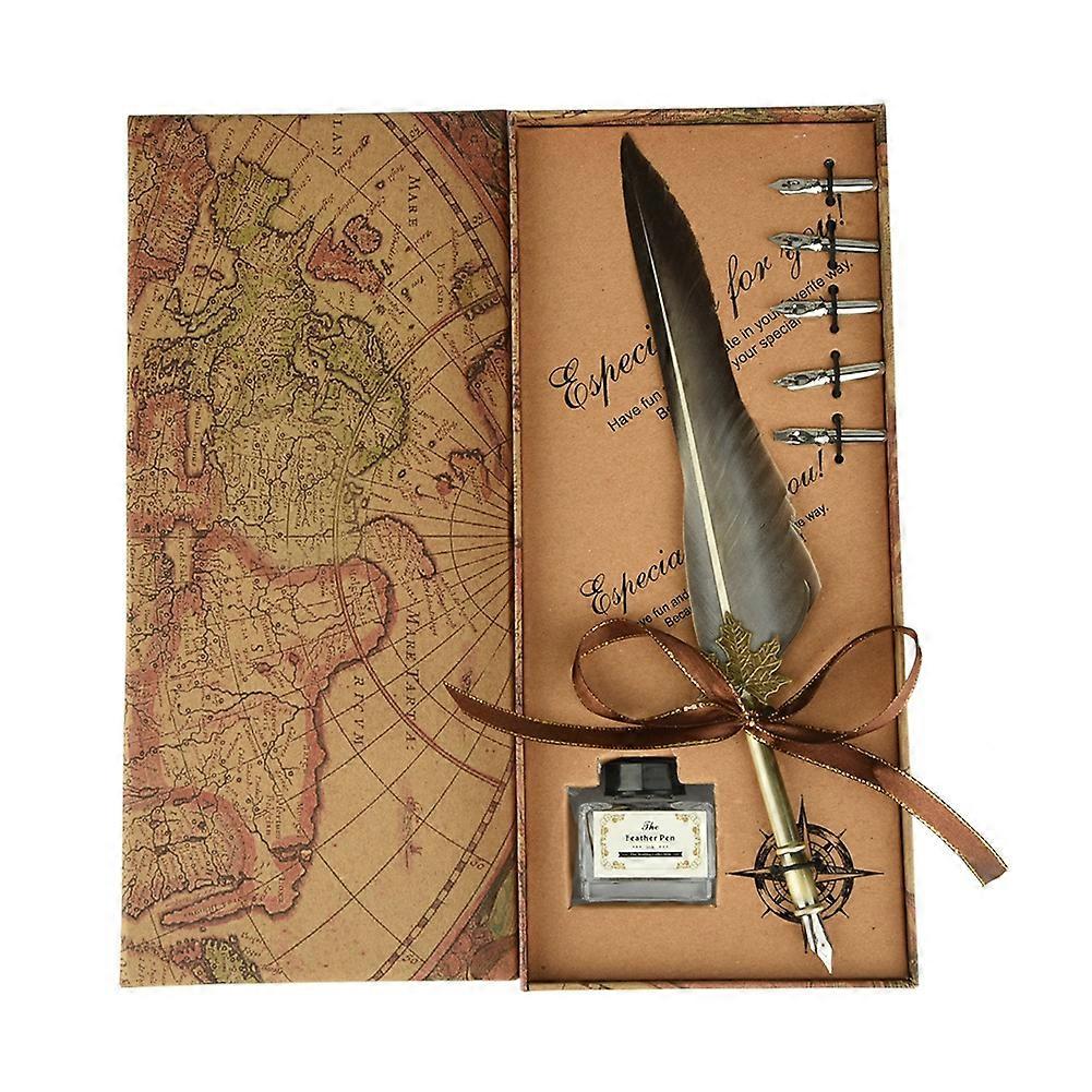 European Retro Feather Quill Alloy Pen Dip Nib Calligraphy Writing Pen Gift Set With Ink Bottle