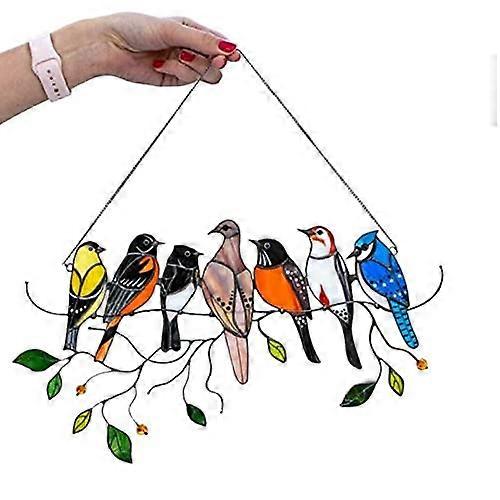 Stained Glass Window Panel Multicolor Birds On A Wire Tall Alloy and Acrylic Home Decoration 02