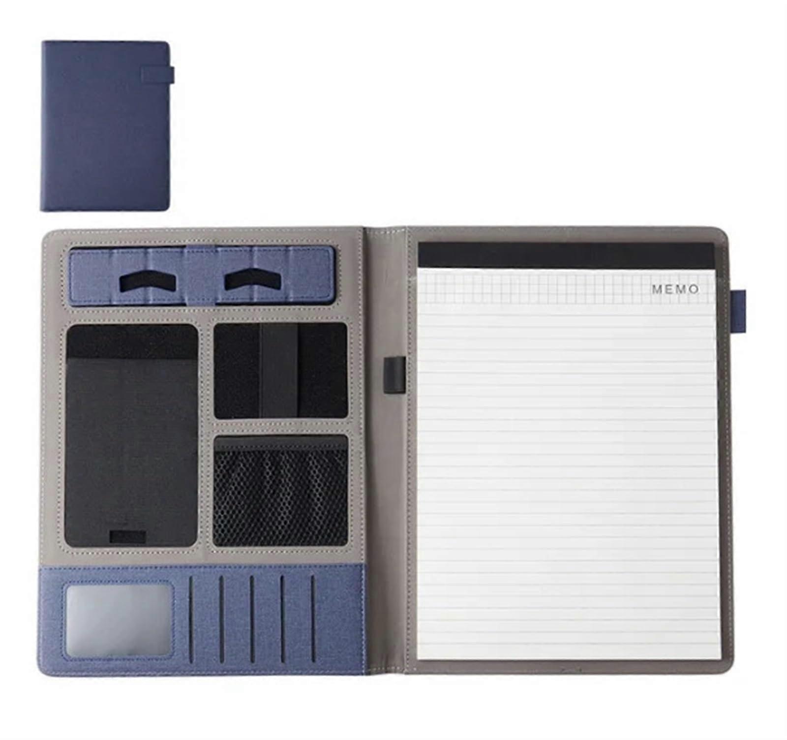 Writing Case Leather A4 Conference Folder with Zip Organizer Business Contract File Folder and Card Holder in Blue