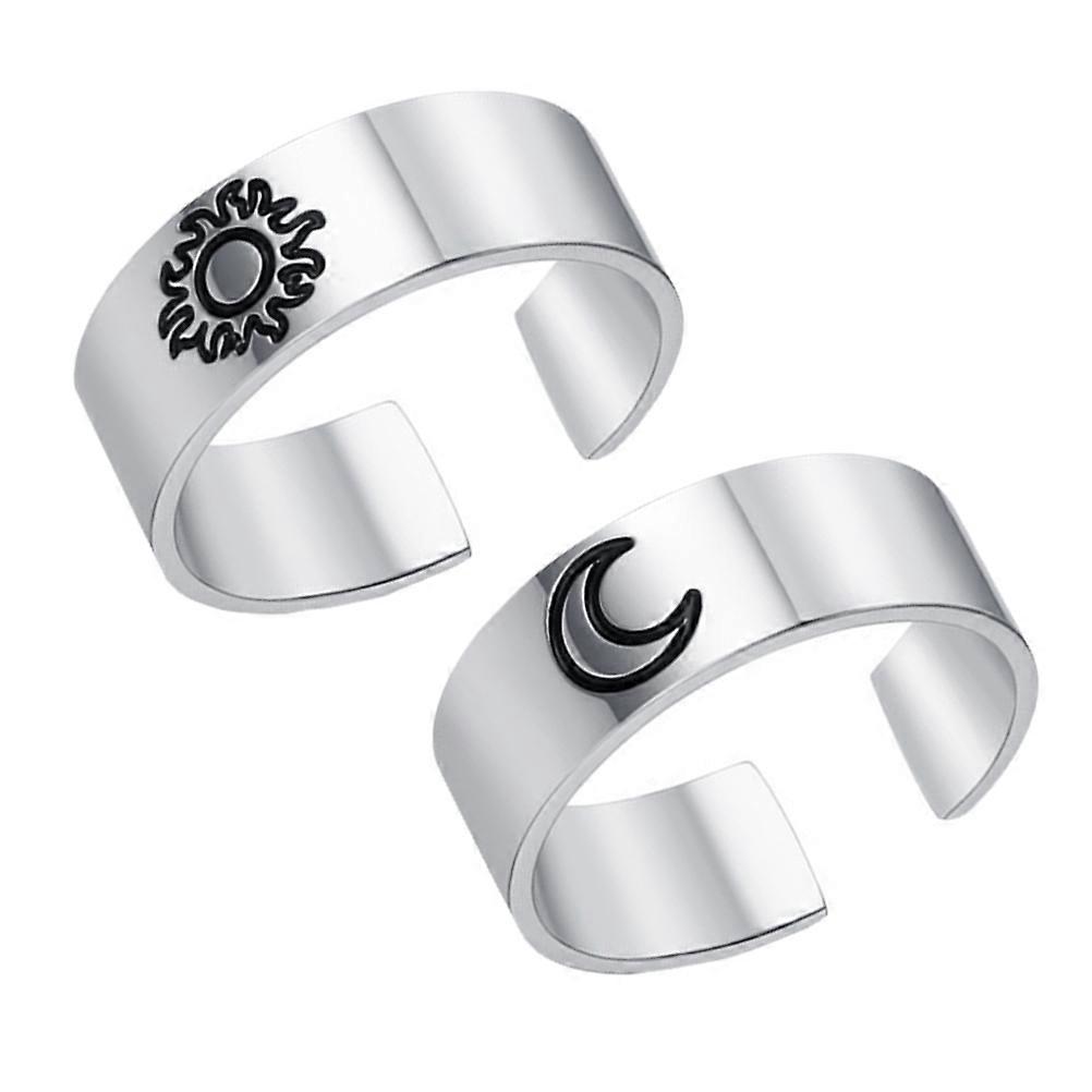 Unisex Open Ring Stainless Steel Ring with Sun and Moon Pattern 2Pcs