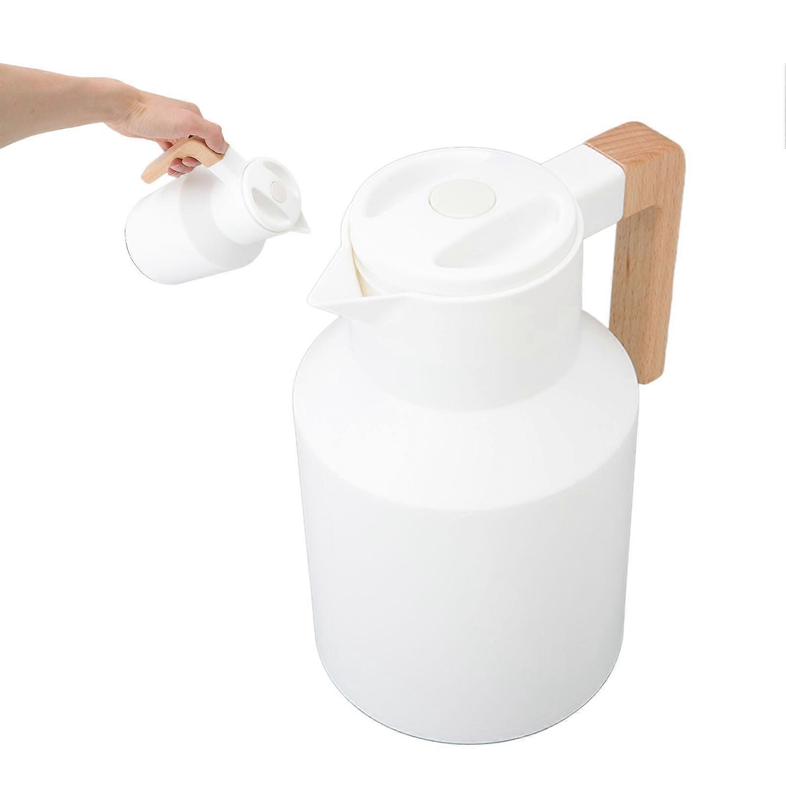 إبريق قهوة 1000 مل مقبض خشبي مزدوج الجدار فراغ الاحتفاظ بالحرارة إبريق قهوة حراري لعصائر الشاي القهوة الأبيض 