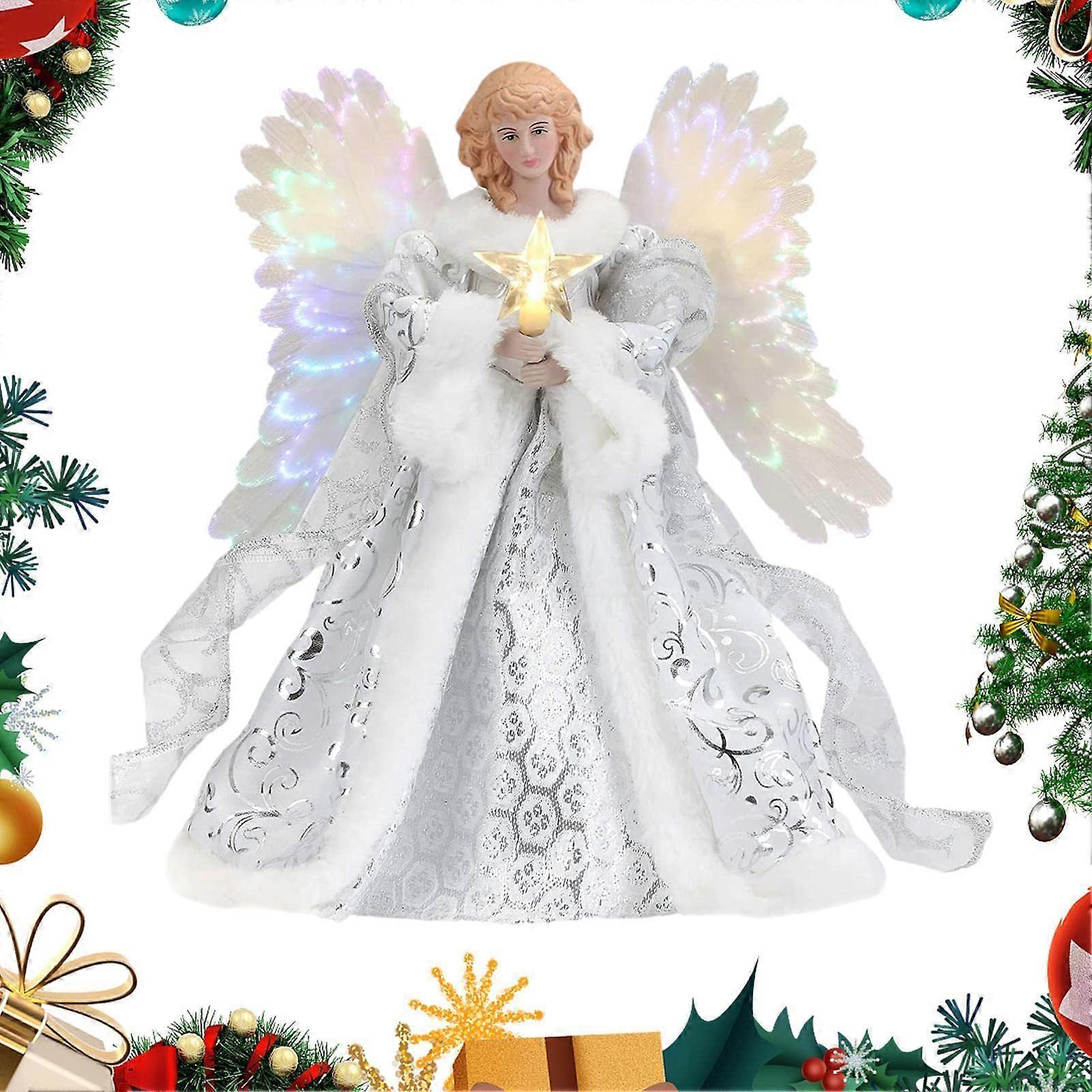 White Fiber Optic Tree Top Decoration - Christmas Angel Pendant with String Lights, Acrylic Flat White Angel Ornament